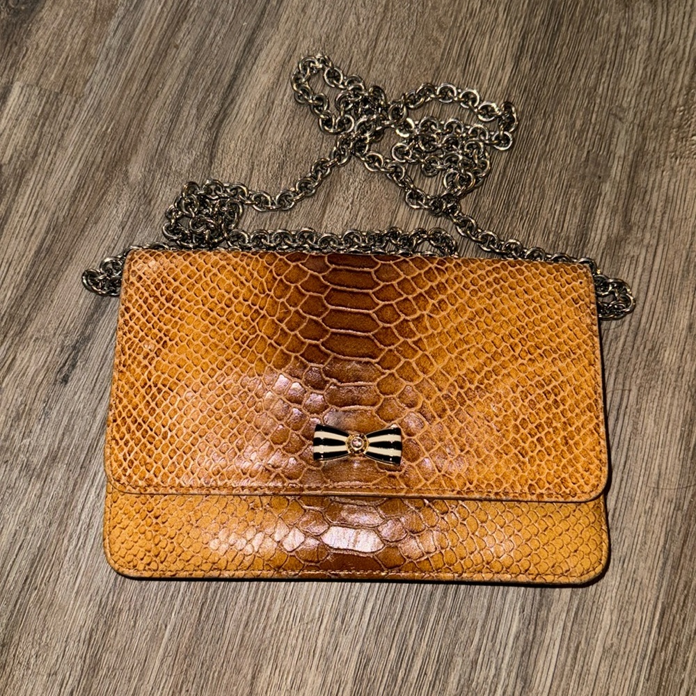 Henri bendel tan snake print embossed leather crossbody shoulder bag with bow